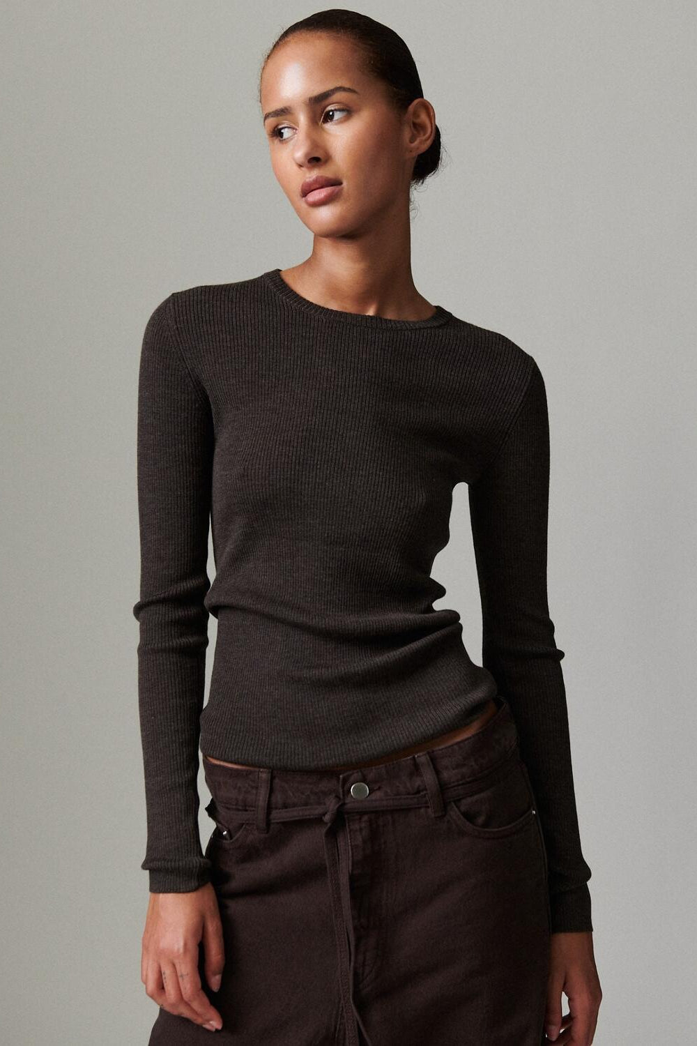 Daily Elements Marina langærmet t-shirt - Expresso Melange